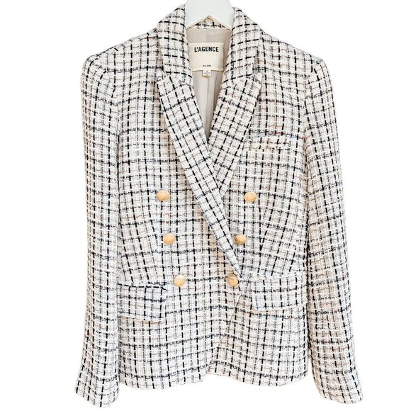 L'AGENCE Kenzie Double Breasted Tweed Blazer in Ivory Multi - Picture 6 of 12
